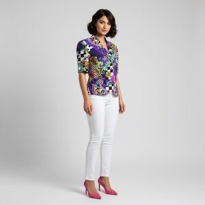 Vintage Worthington Womens Blouse Short Sleeve Colorful 90s Bold Floral Size S/M